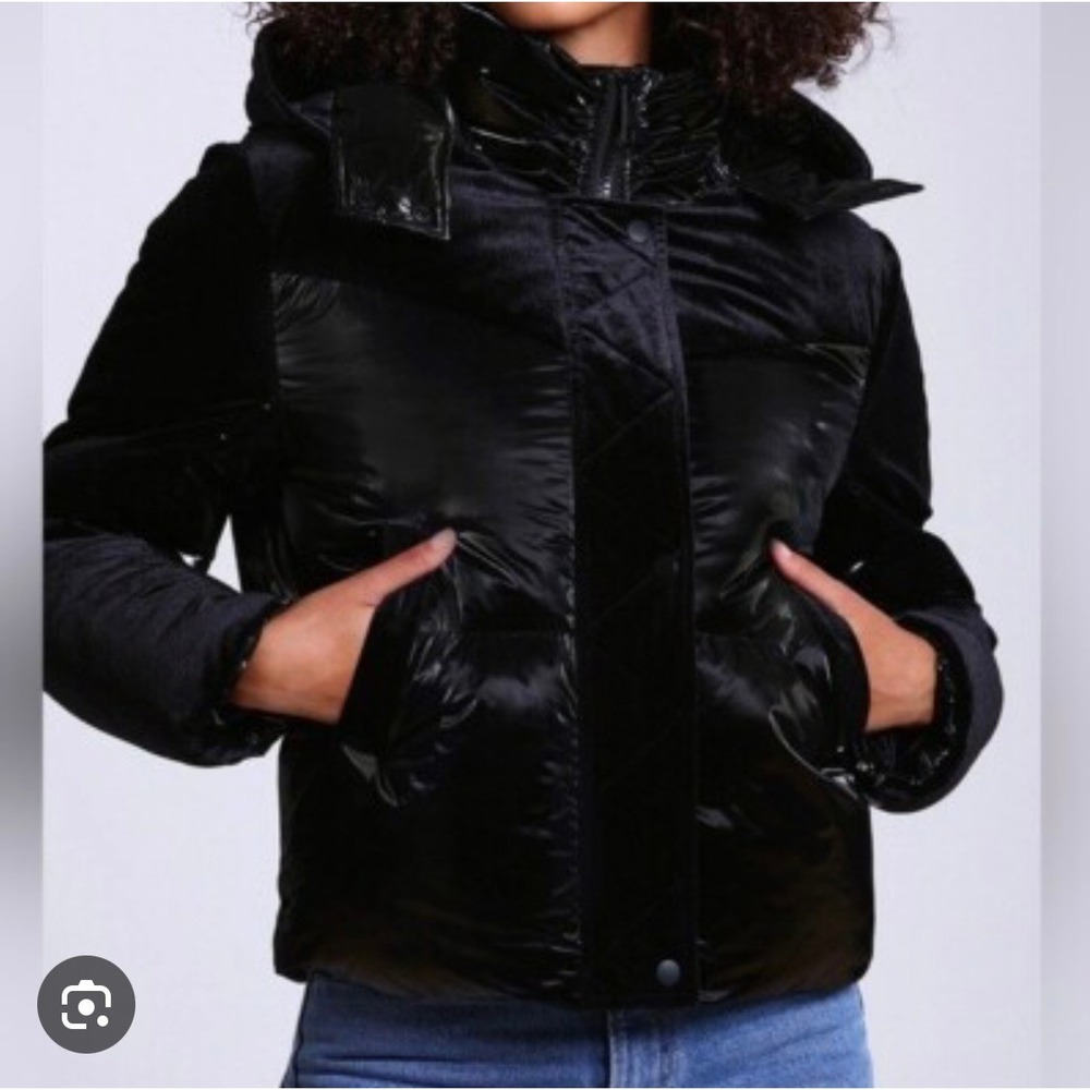 7 For All Mankind Womens‎ Black Mixed Media Velvet Metallic Puffer Jacket Hooded